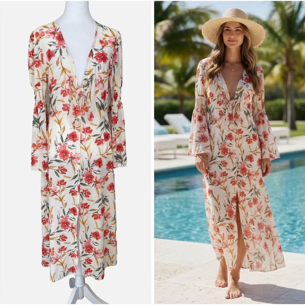 Boho Floral Kimono Duster Resort Cover-Up Open Front w/Tie Beach M Ember